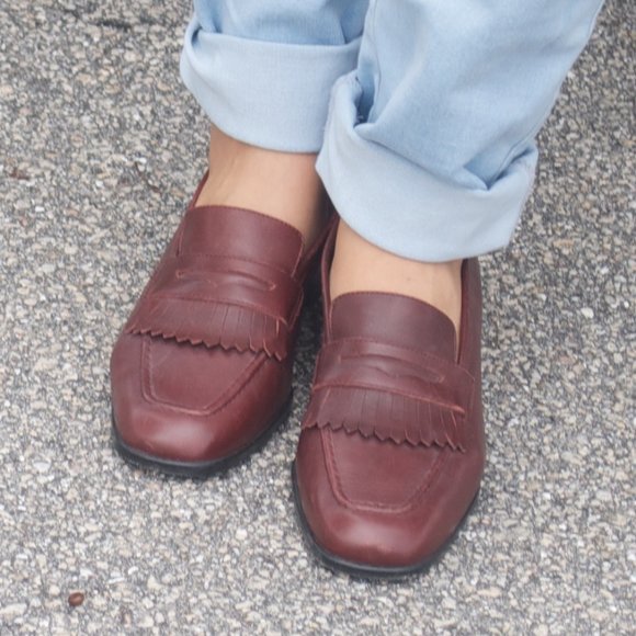 Burgundy Frilled-Leather Loafers - Picture 2 of 4